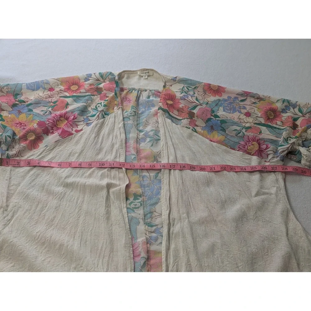 Umgee Kimono 3/4 Sleeve Fringe Hem Open Tunic Med Large Linen Oatmeal Floral‎ - Picture 9 of 11